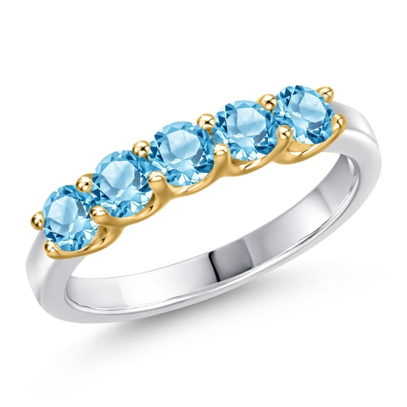 Gem Stone King 1.00 Cttw Swiss Blue Topaz Engagement Ring for Women | 925 Silver and 10K Yellow Gold | Round 3.5MM | Wedding Engagement Anniversary Promise Ring for Women
