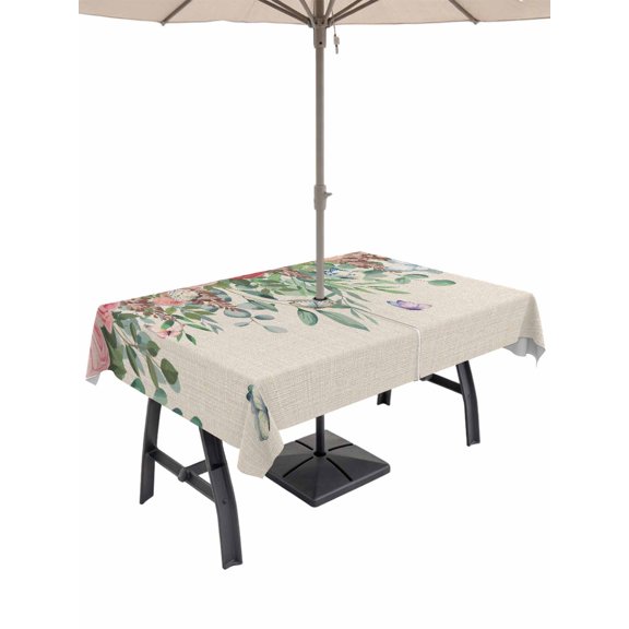 Outdoor Tablecloth with Umbrella Hole and Zipper, Watercolor Roses Rectangle Table Cloth 54x80 Inch Waterproof Tablecloth, Spring Flowers Leaves Butterflies Beige Picnic Table Cover for Patio Camping