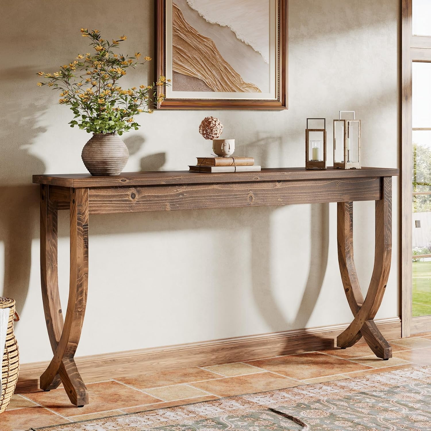 Tribesigns 63-Inch Solid Wood Console Table, Farmhouse Entryway Table, Long Sofa Table for Living Room, Hallway, Entrance, Foyer, Brown