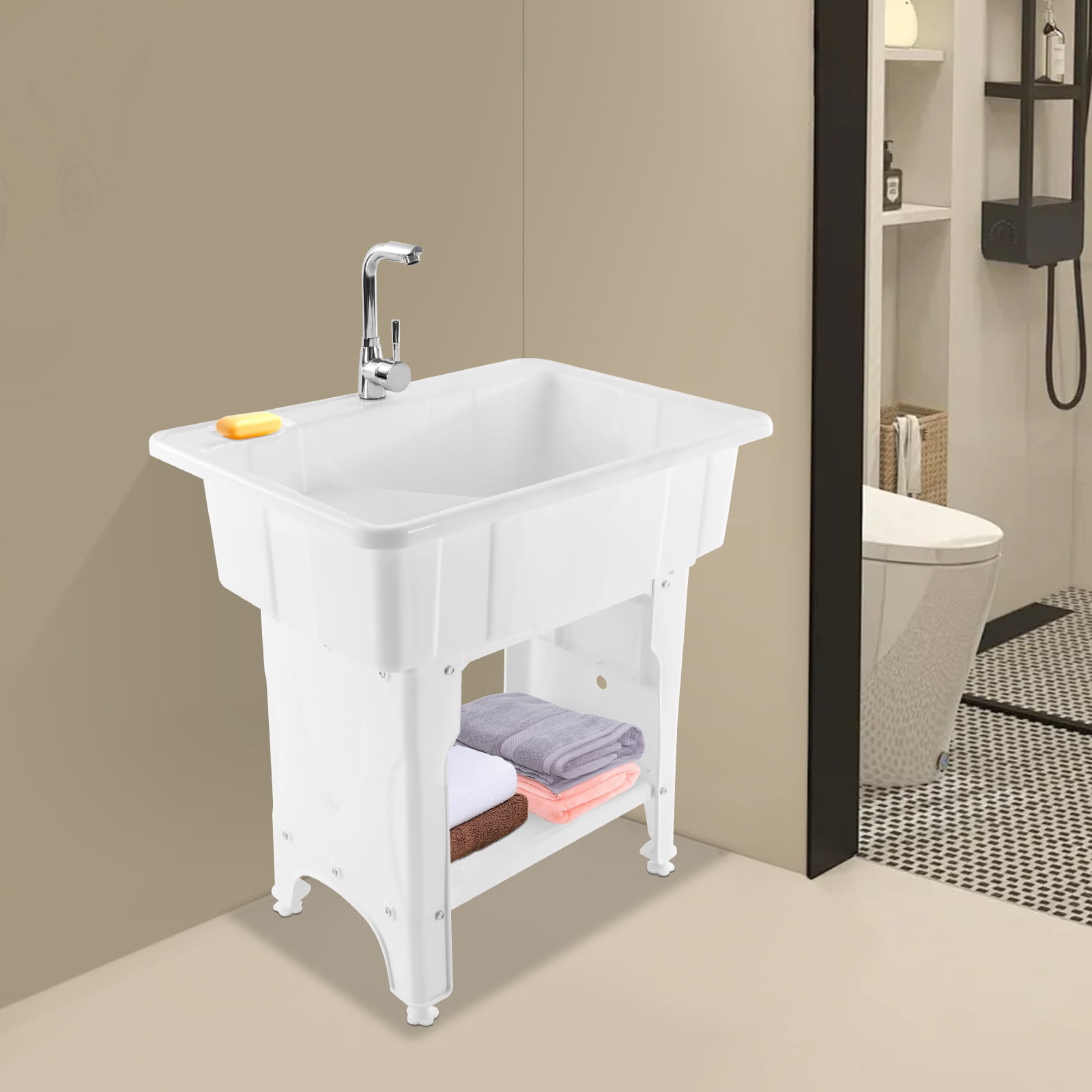31.5" White Utility Sink Laundry Tub, Freestanding Plastic Laundry Sink w/Removable Washboard, Floor Mount Laundry Room Utility Sink with Cold&Hot Water Faucet for Laundry Room,Garden