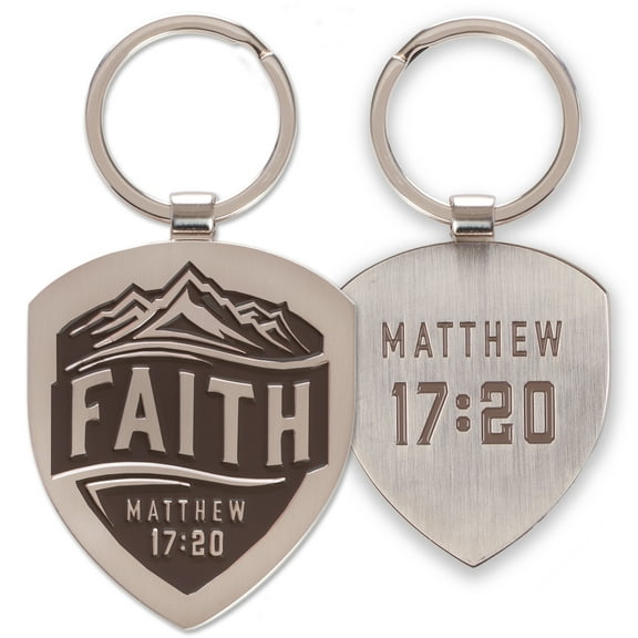 Christian Art Gifts Metal Keyring for Men and Women: Faith - Matthew 17:20 Inspirational Bible Verse Keychain, Charcoal Gray Shield
