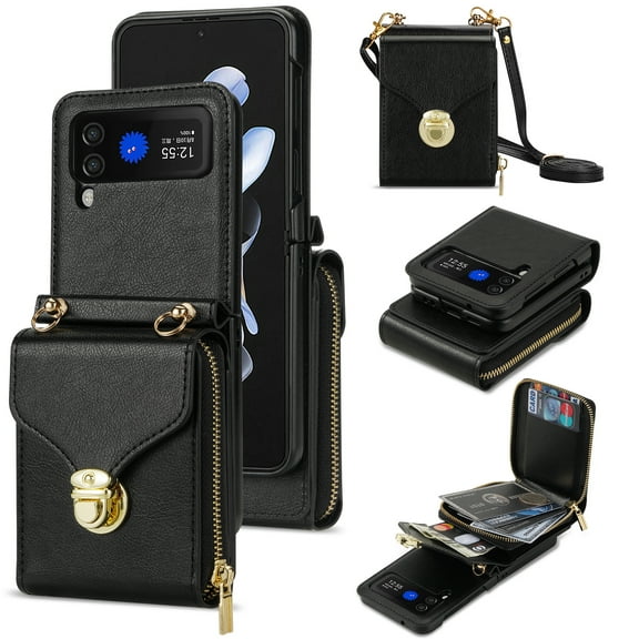 Allytech Case for Samsung Galaxy Z Flip4, [Large Capacity] Wallet Case with Card Slots & Zipper Pocket, Premium PU Leather Metal Snap Kickstand Shockproof Case with Shoulder Strap, Black