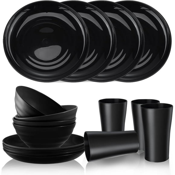 Bestdin Black Dinnerware Set for 4, 16 Pack Plastic BPA-Free Dinner Plates, Salad Plates, Cereal Bowls, Cups, Unbreakable Plates and Bowls Sets, Microwave and Dishwasher Safe