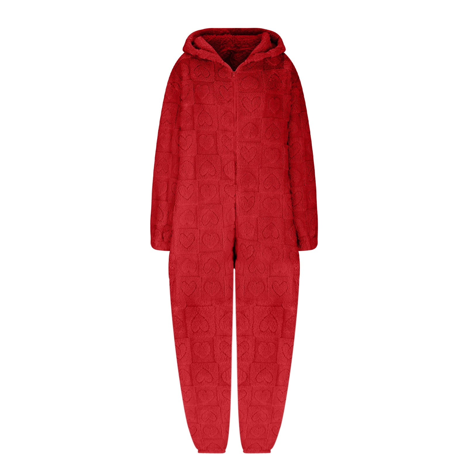 BiZtdJrK Women's Furry Sherpa Onesie Pajamas Fashion Heart Jacquard Jumpsuits Cute Ear Hood Romper Lounge Sleepwear, Red, M