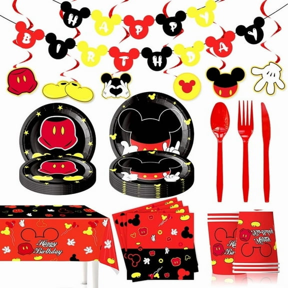 Red Mickey Birthday Party Supplies - Mickey Birthday Decorations Banner,, Swirl ,Dinner Plate, Napkin, Cup, Cutlery, Mickey Theme Party Decorations Dinnerware