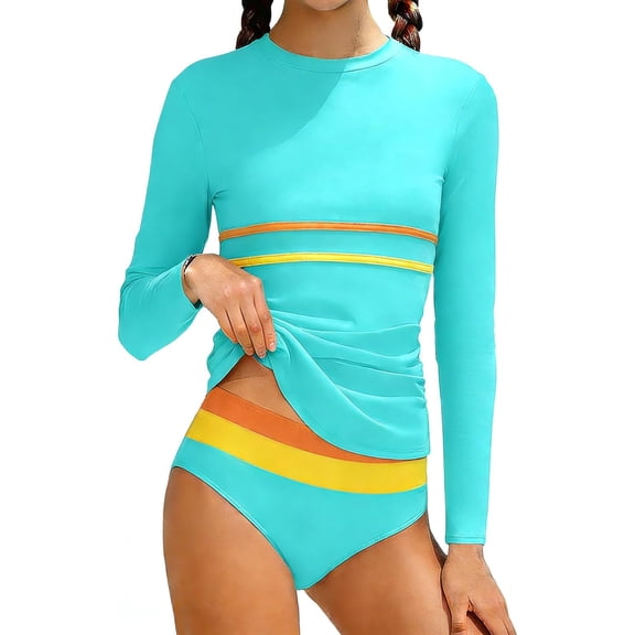 XINXIAOO Two Piece Swimsuit for Girls Rash Guard Swimsuit Long Sleeve Color Stripe Slim Top with Bikini Bottoms Girl Swimsuits Size 15-16 Years Girls Bathing Suit Size