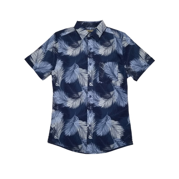 Mens Storm Blue Tropical Hawaiian Classic Fit Stretch Button-Down Shirt S