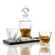 Bezrat Whiskey Glasses and Liquor Decanter Set | (2) Lead Free Crystal Bourbon Glasses with Matching Whiskey Decanter On Beautiful Wood tray | Glass Has a Sleek Square Twisted Bottom For Easy Handling
