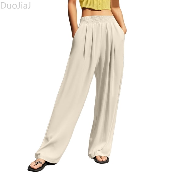 DuoJiaJ Women's Casual Pants High Waisted Wide Leg Trousers Straight Pants With Crinkle Design For Daily Wear Outdoor Sports Home Comfort Women's Wide Leg Pants Beige L