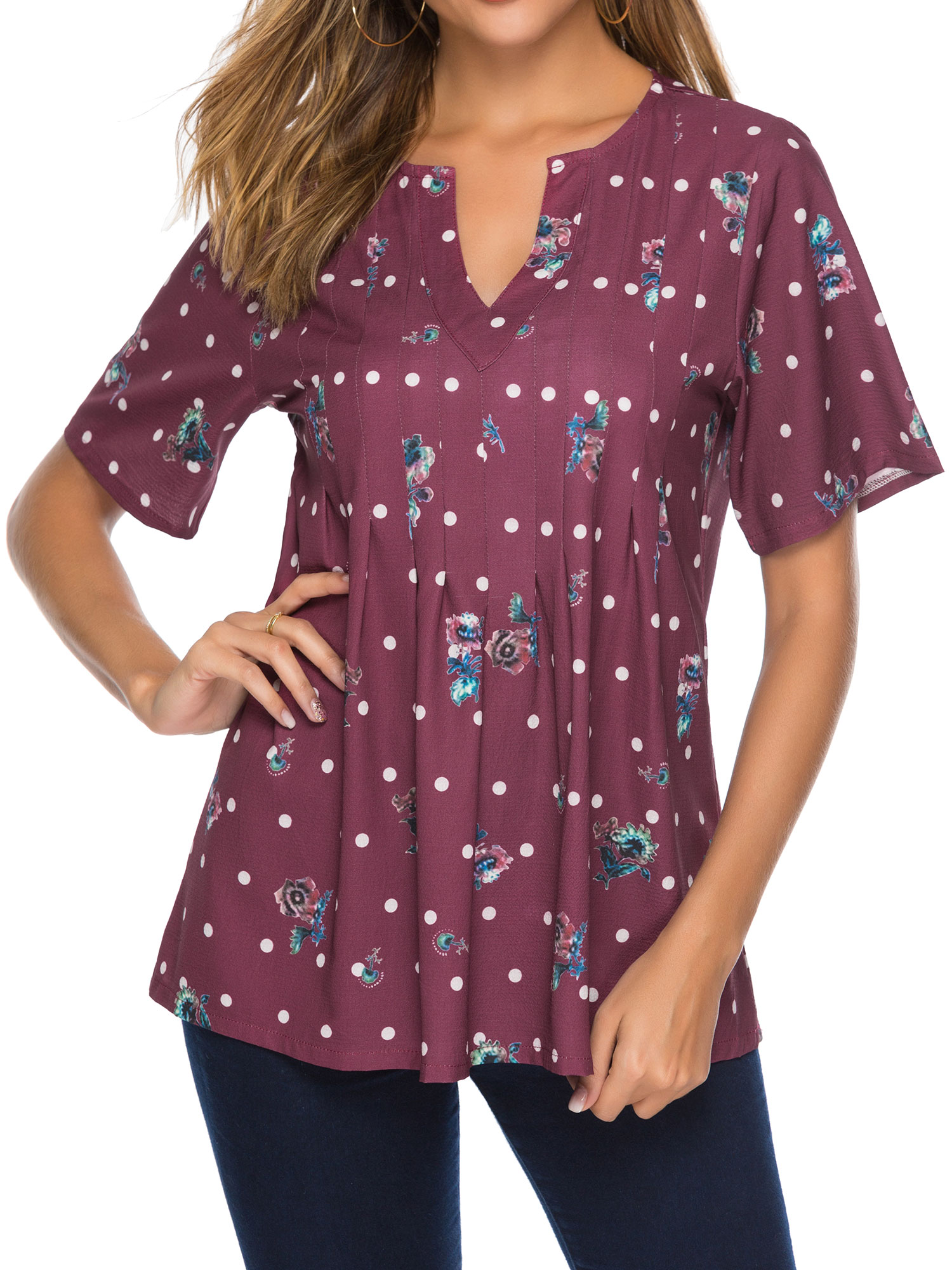 Nlife Women's V Neck Liberty Print Pleated Blouse - Walmart.com