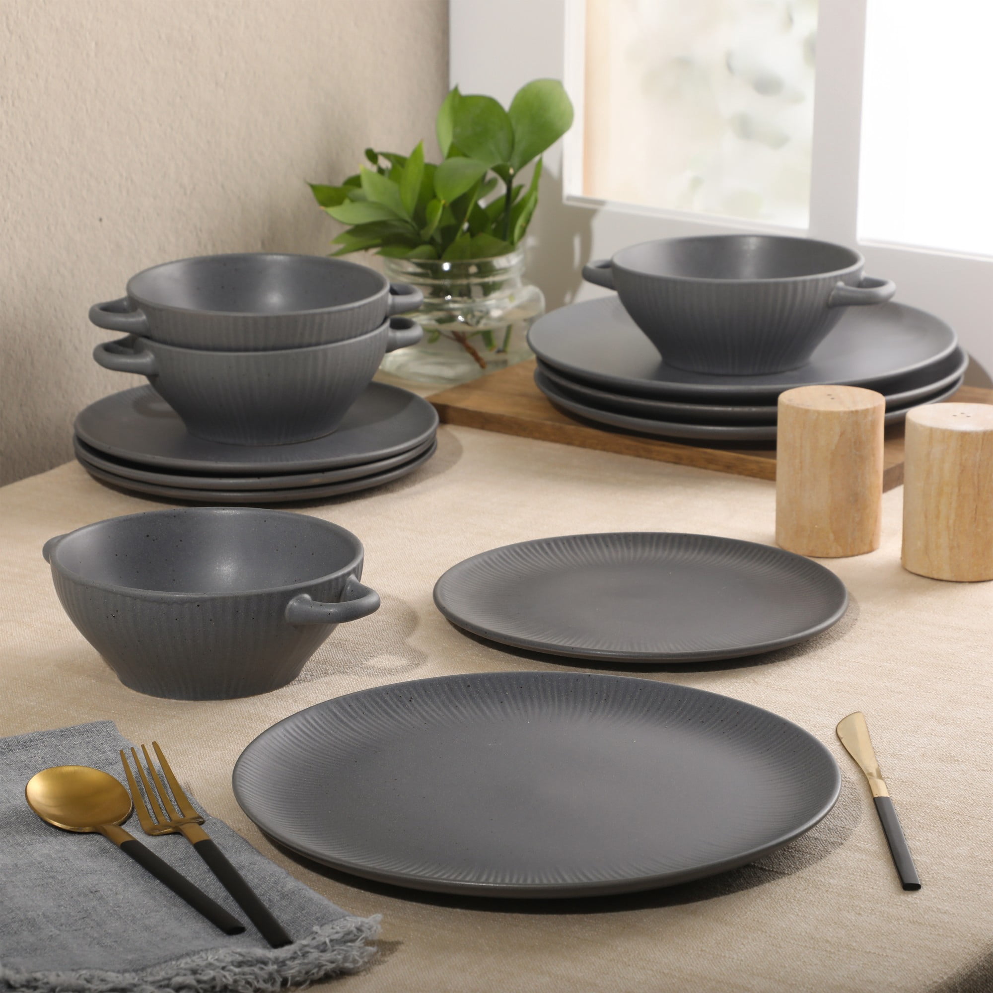 Gibson Elite Clover Hill 12-Piece Stoneware Dinnerware Set - Embossed Reactive Glaze - Service for 4 - Dark Blue