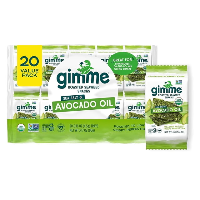 Organic Roasted Seaweed Sheets, Sea Salt, Keto, Vegan, Gluten Free, Great Source of Iodine and Omega 3’s, Healthy On-The-Go Snack for Kids & Adults, #1 Sea Salt, 0.17 Ounce (Pack of 20)