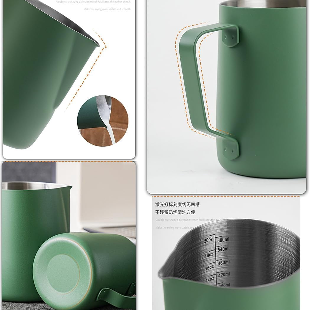 ABPETE Stainless Steel Espresso Steaming Pitchers Frothing Pitcher Jug Coffee Milk Frothing Cup, Coffee Steaming Pitcher - Dark Green, 12 oz(350 ml)