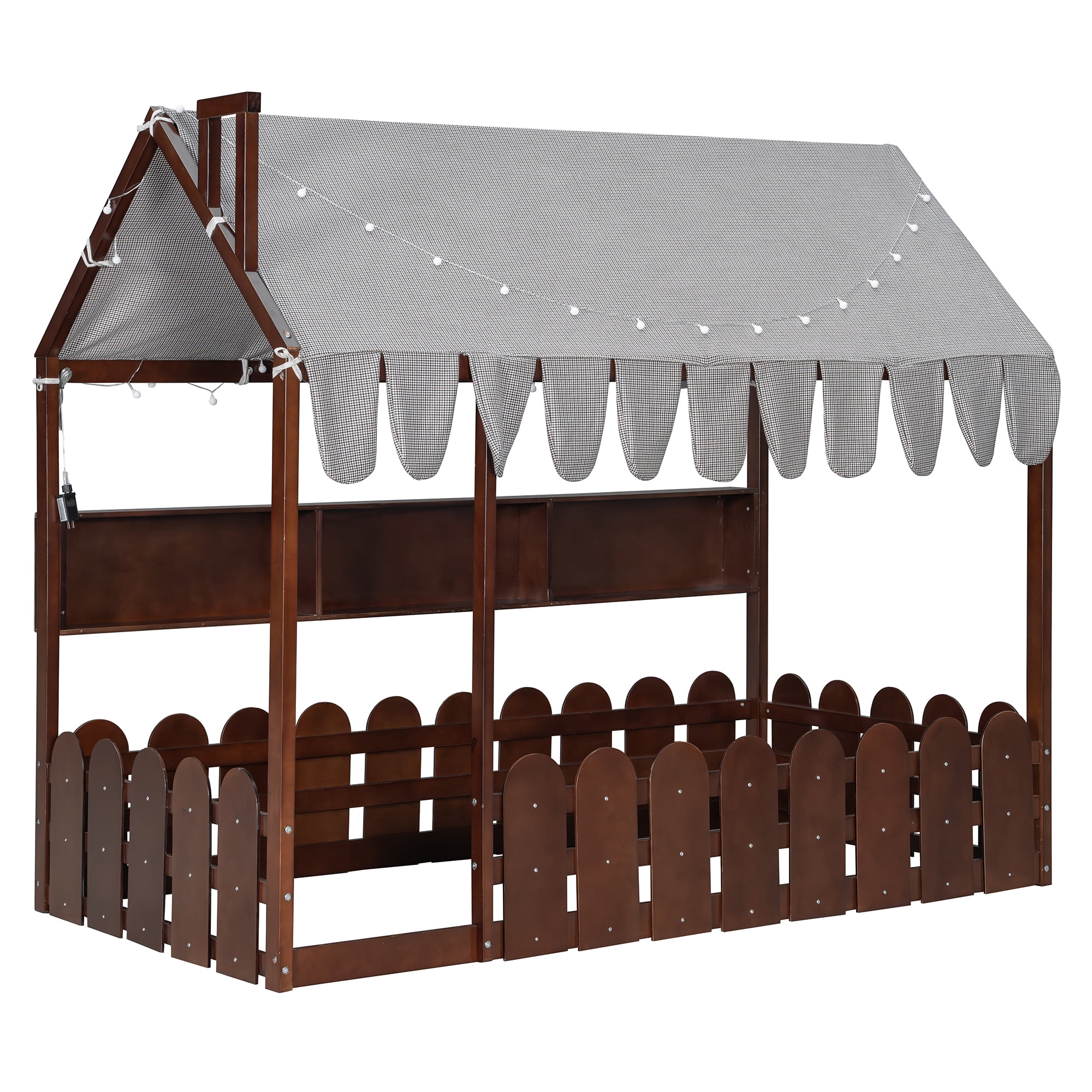 Aukfa Full Size House Bed with Fence and Tent for Kids, Wooden Montessori Bed with LED Lights & Storage Shelves for Toddler Boys and Girls Bedroom, Espresso