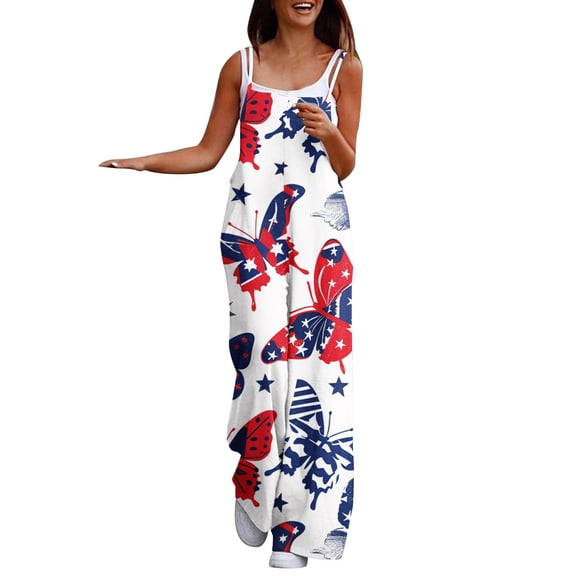 4Th of July Rompers for Women Casual Sleeveless Wide Leg Jumpsuits Plus Size Fashion Summer Overalls with Pockets