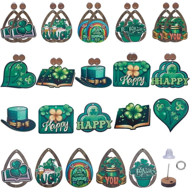 Kit para hacer aretes de San Patricio (1 caja con 10 pares) con dijes de trébol de cuatro hojas verdes, accesorios de madera para aretes.