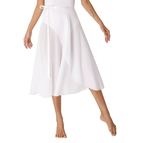 Mufeng Women’s Wrap Skirt Ballet Dance Flowy Skirt Midi Skirt with Adjustable Waist Tie High Waist Plain Color Skirt White One Size