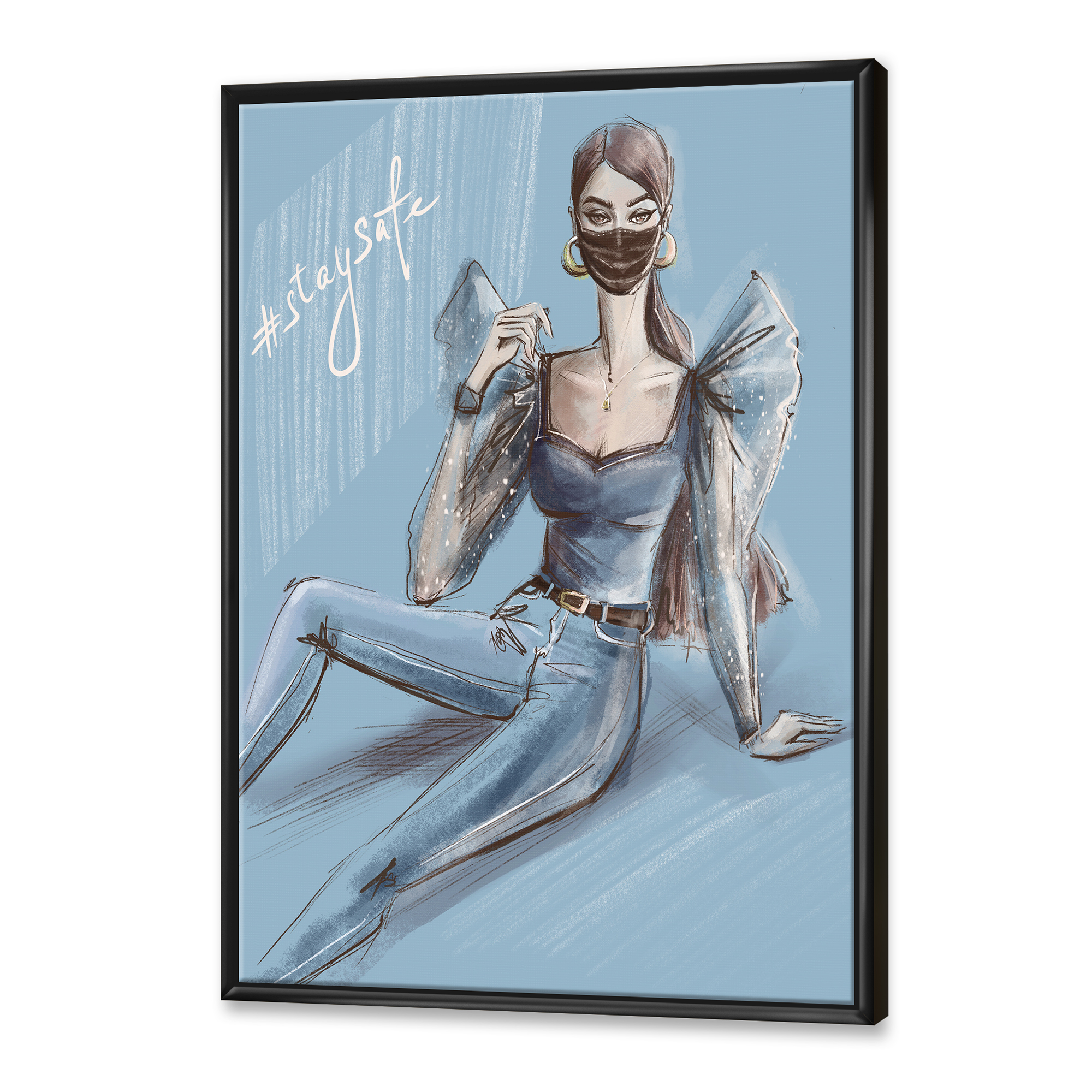 Designart 'Stylish Beautiful Woman Wearing Medical Mask' Traditional Framed Canvas Wall Art Print