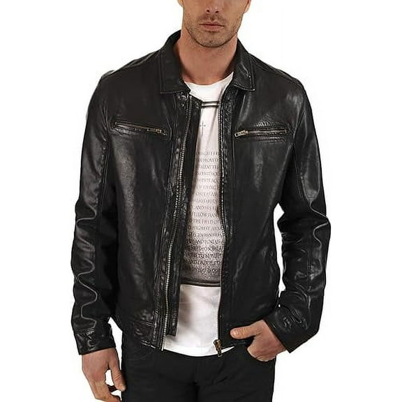 Mens Sheepskin Real Leather Jacket Zipper Biker Moto Slim Fit Jacket MJF015