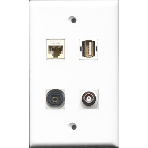 RiteAV 1 Port USB A-A and 1 Port Toslink and 1 Port BNC and 1 Port Cat6 Ethernet White Wall Plate