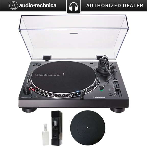 Audio-Technica AT-LP120XUSB-BK Direct-Drive Turntable Analog & USB (Black) Bundle with Deco Gear 12" Silicone Rubber Turntable Platter Mat & Deco Essentials Vinyl Record Cleaning Fluid System