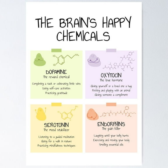 Poster Happy Brain Hormones Happiness Chemicals Digital Therapy Office Decor School Psychologist Counselor Corner Self Soothing Coping Skills - No Framed, Room Decor, 8x12