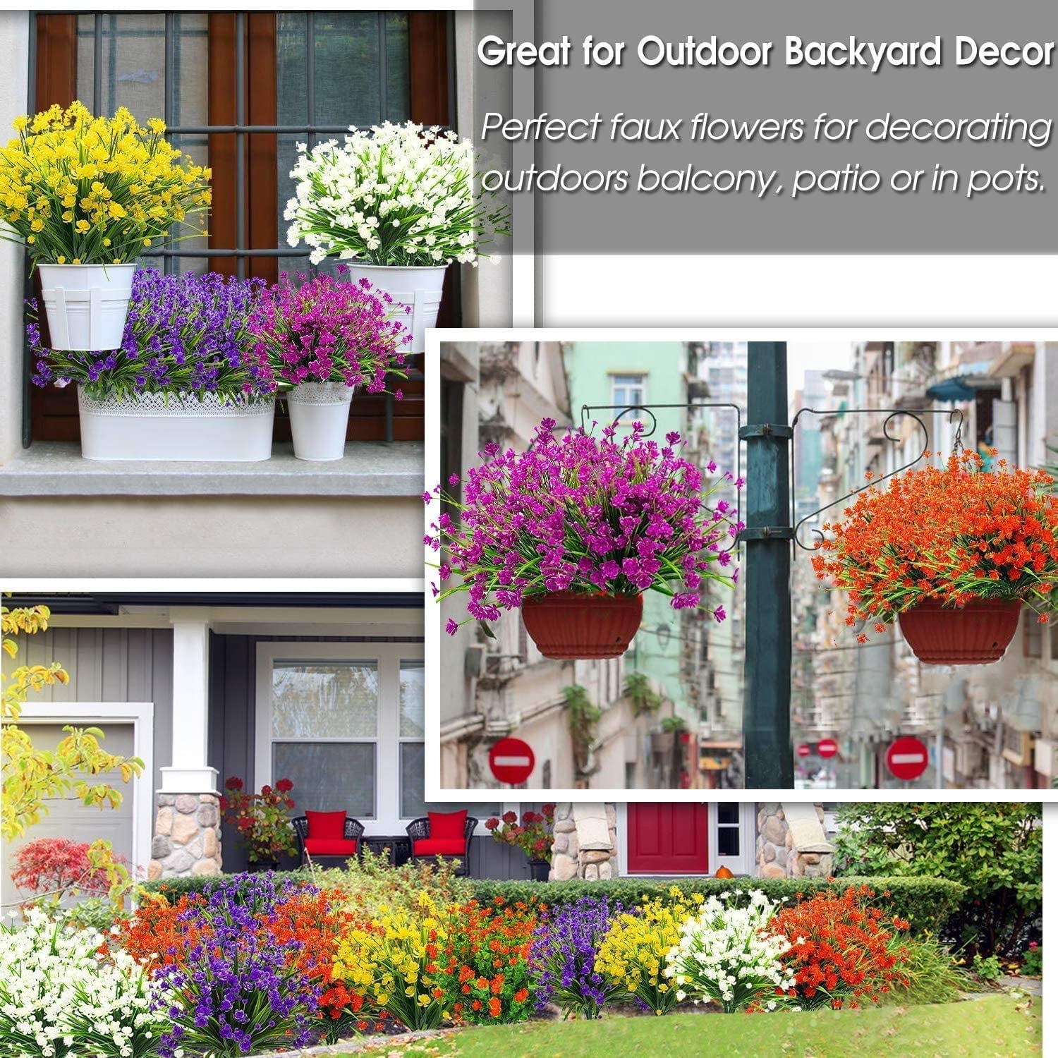 GRNSHTS 20 Bundles Artificial Flowers for Outdoor Decoration, Spring Decoration UV Resistant Faux Outdoor Plastic Greenery Shrubs Plants Artificial Fake Flowers Hanging Planter Home Garden Decor