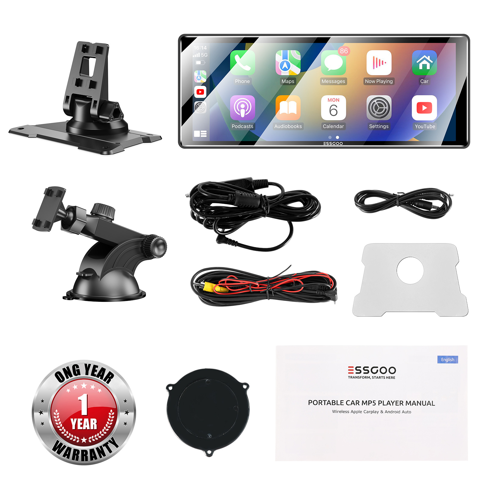 ESSGOO 10.26" Full HD Wireless Car Stereo: Apple CarPlay & Android Auto, Magic Link Screen Mirroring, GPS Navigation, Dual Bluetooth 5.0, AUX/FM Audio – Universal 7-32V for Cars, Trucks, RVs