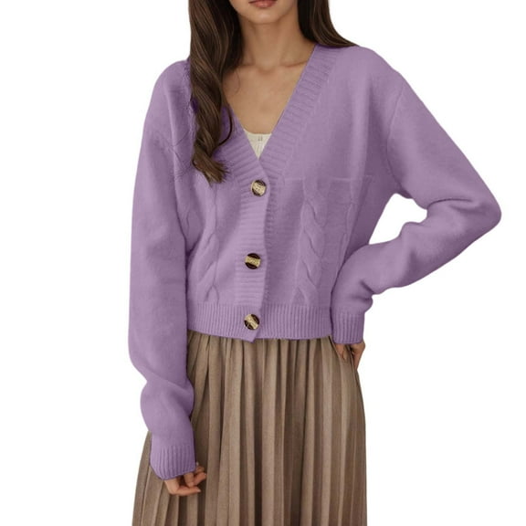 Fiaer Women's Cropped Sweaters Long Sleeve Button down V Neck Fashion Solid Warm Loose Fit Tops Purple One Size