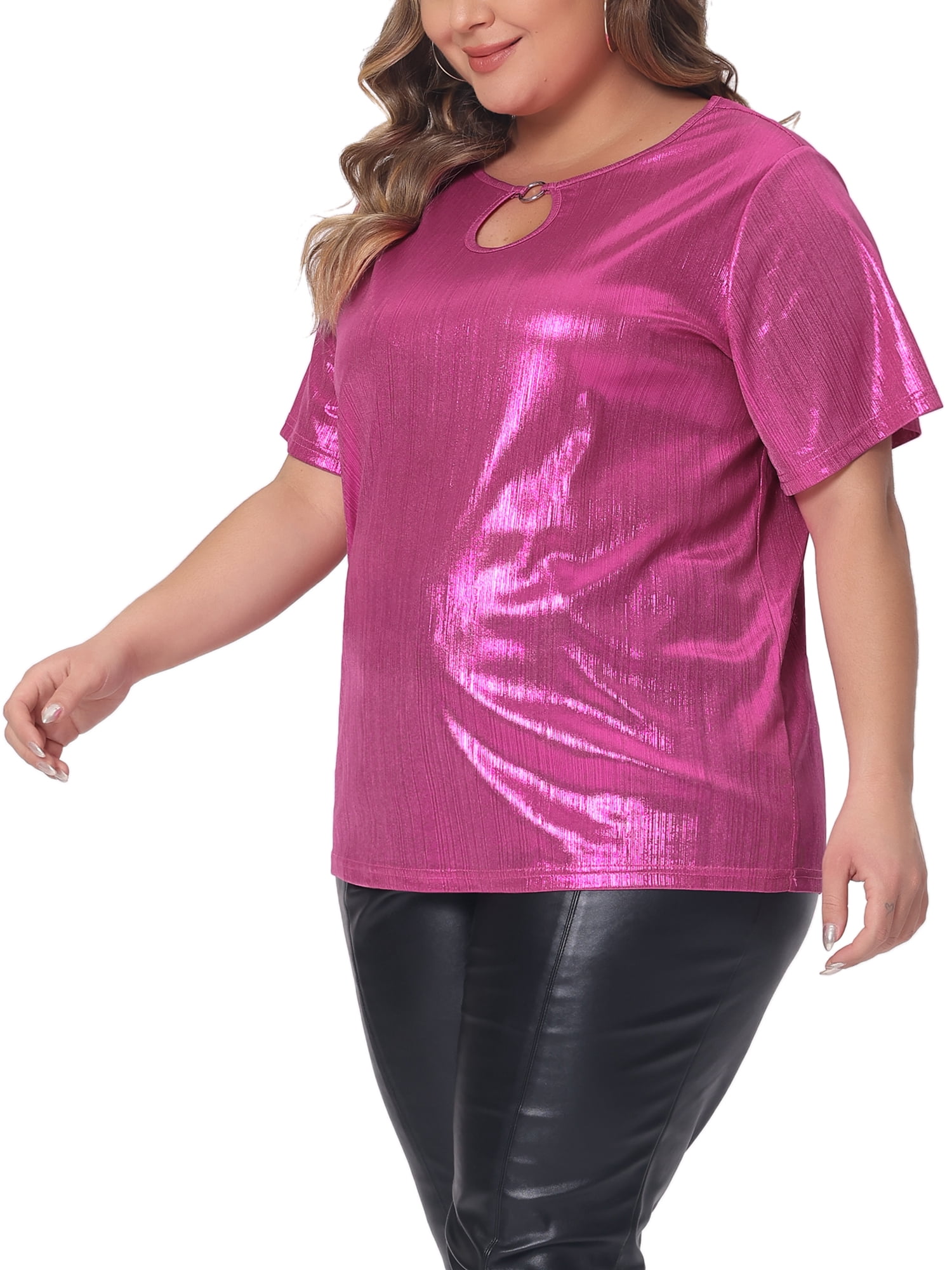 DARING DIVA Women's Plus Keyhole Metallic Round Neck Blouse 4X Hot Pink