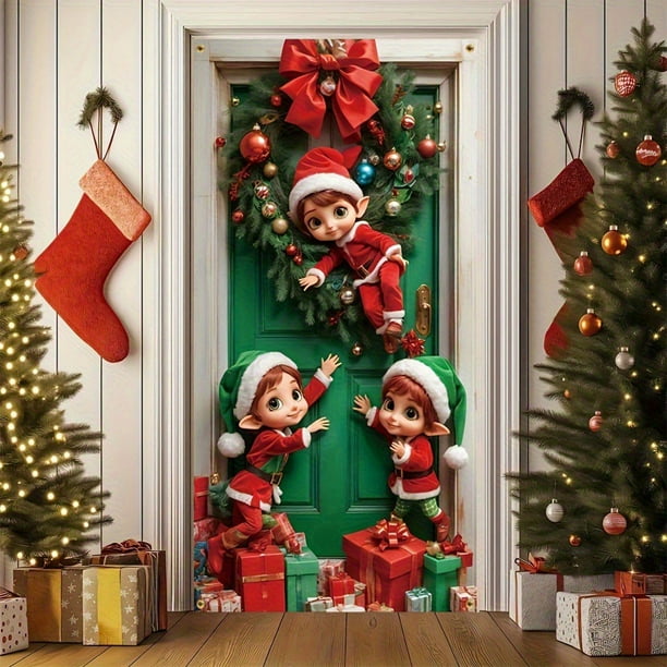 Seyotauo Merry Christmas Door Cover 35x71 Christmas Gift Box Present Hanging Banner Decoration Winter Holiday Bow Window Door Cover Stripes Ornaments Year Party Home Wall Outdoor