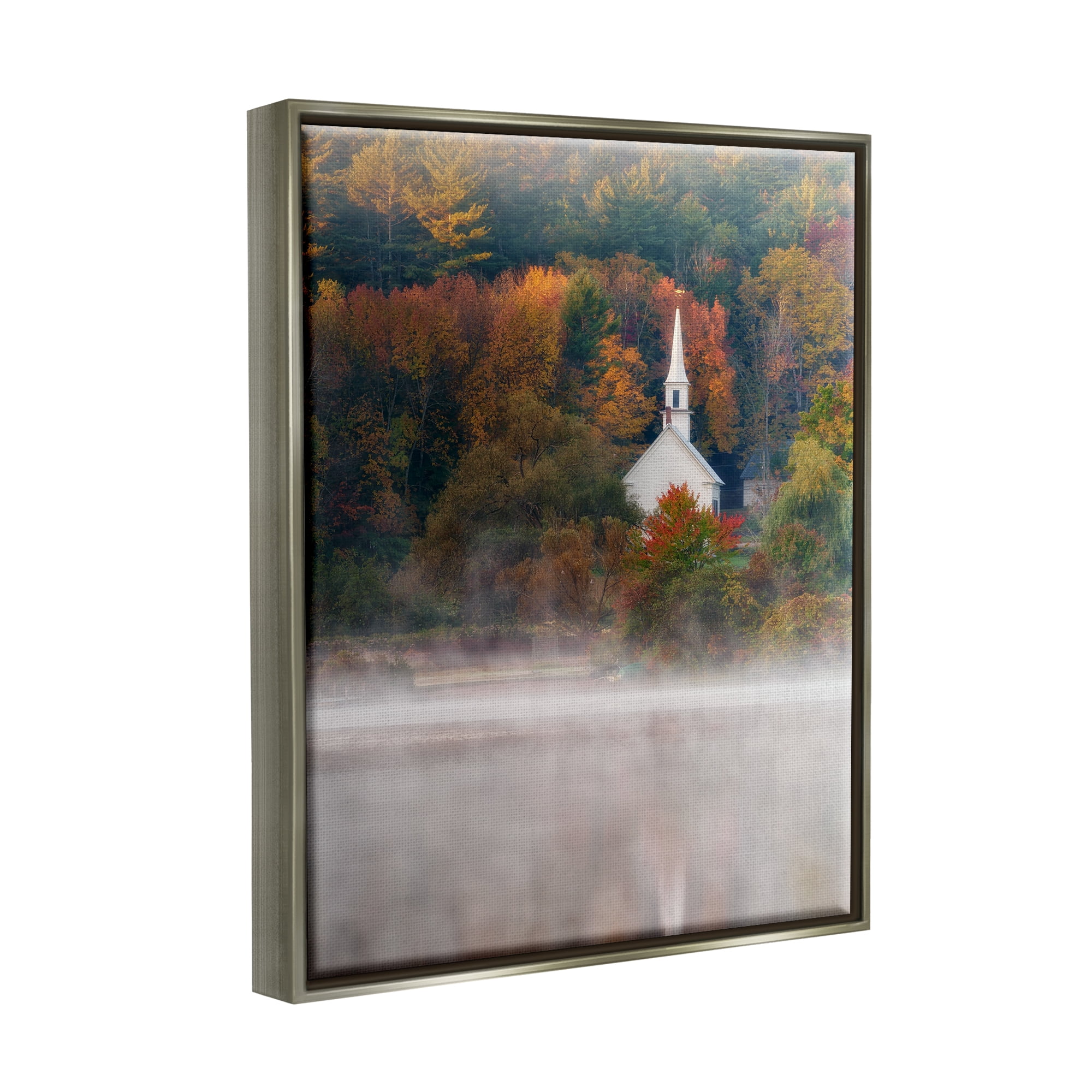 Stupell Foggy Lake Autumn Foliage Scenery Landscape Photography Gray Floater Framed Art Print Wall Art