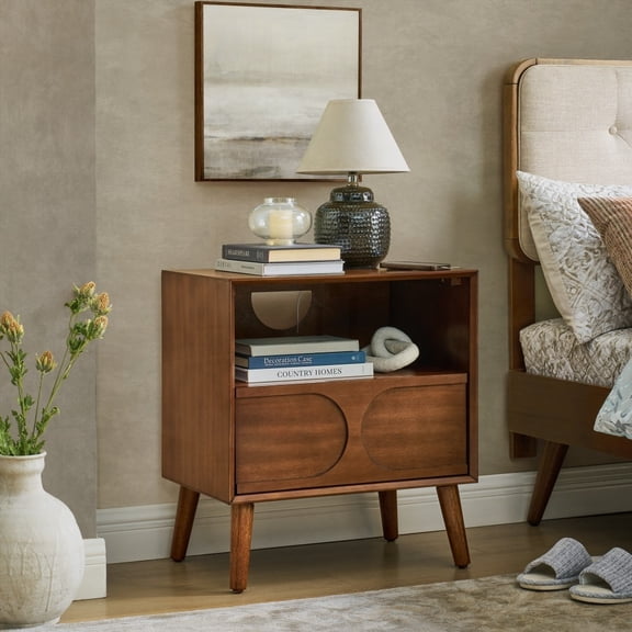 Mid Century Fluted Nightstand with Drawer & USB - Walnut