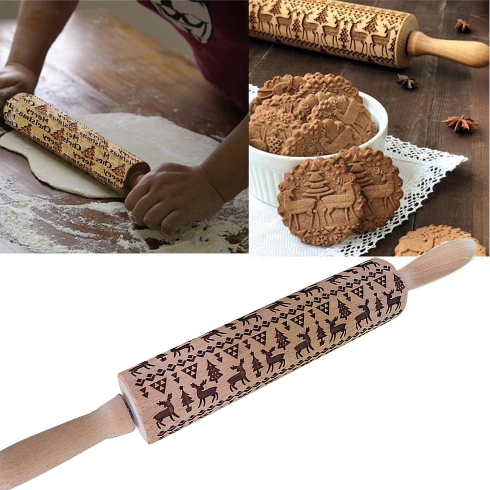 1 XChristmas Embossing Rolling Pin Baking Cookies Dough Cake Engraved Roller