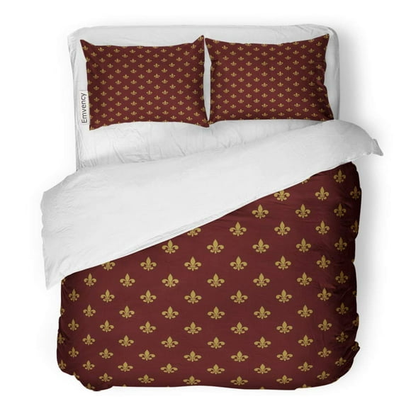 POGLIP 3 Piece Bedding Set Pattern Royal Lily Fleur De Lis Abstract Antique Baroque Classical Creative Twin Size Duvet Cover with 2 Pillowcase for Home Bedding Room Decoration