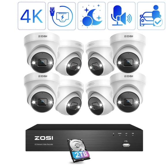 PoE Security Camera System with 2 Way Audio, ZOSI 8CH 4K PoE Security Camera System with 2TB, 8MP PoE Outdoor IP Camera, AI Detection, 24/7 Recording