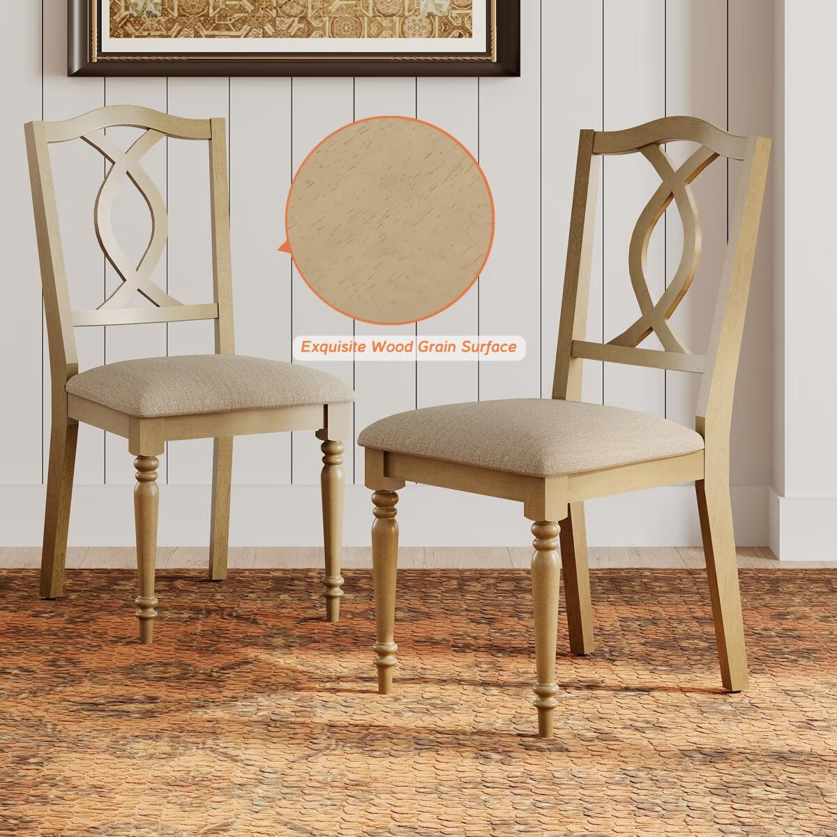 Set of 4 Dining Chairs with Cross-Back & Upholstered Seat, Farmhouse Kitchen Chair with Solid Wood Legs for Dining Room, Oak
