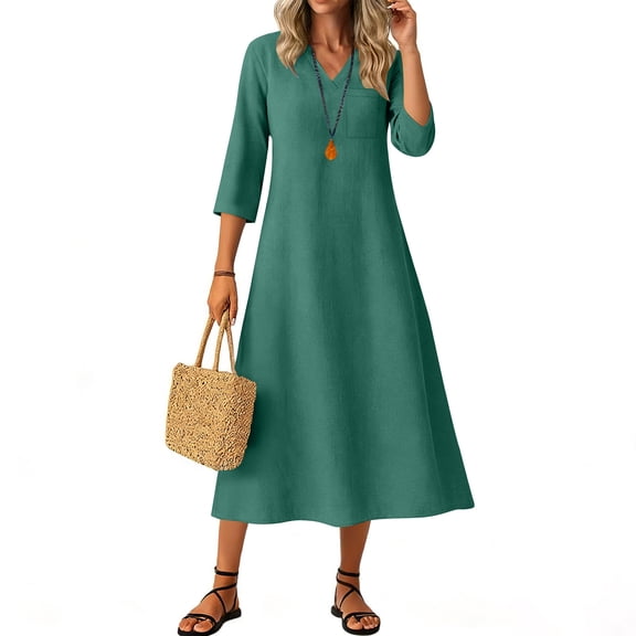 Mifsaly Women Summer Dresses V Neck 3/4 Sleeve Midi Linen Dress Vacation Travel Loose Casual Beach Sundresses Lightweight Flowy Boho Outfits with Pocket