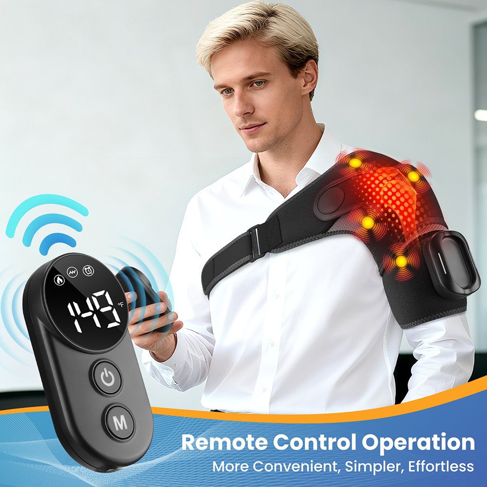 Cordless Heated Shoulder Massager, Shoulder Heating Pad, Shouder Heated Massage Brace with 5 Heating & Vibration, 3 Timing, 2 Extend Straps, Detachable Remote Control, 5000mAh Battery, Gray