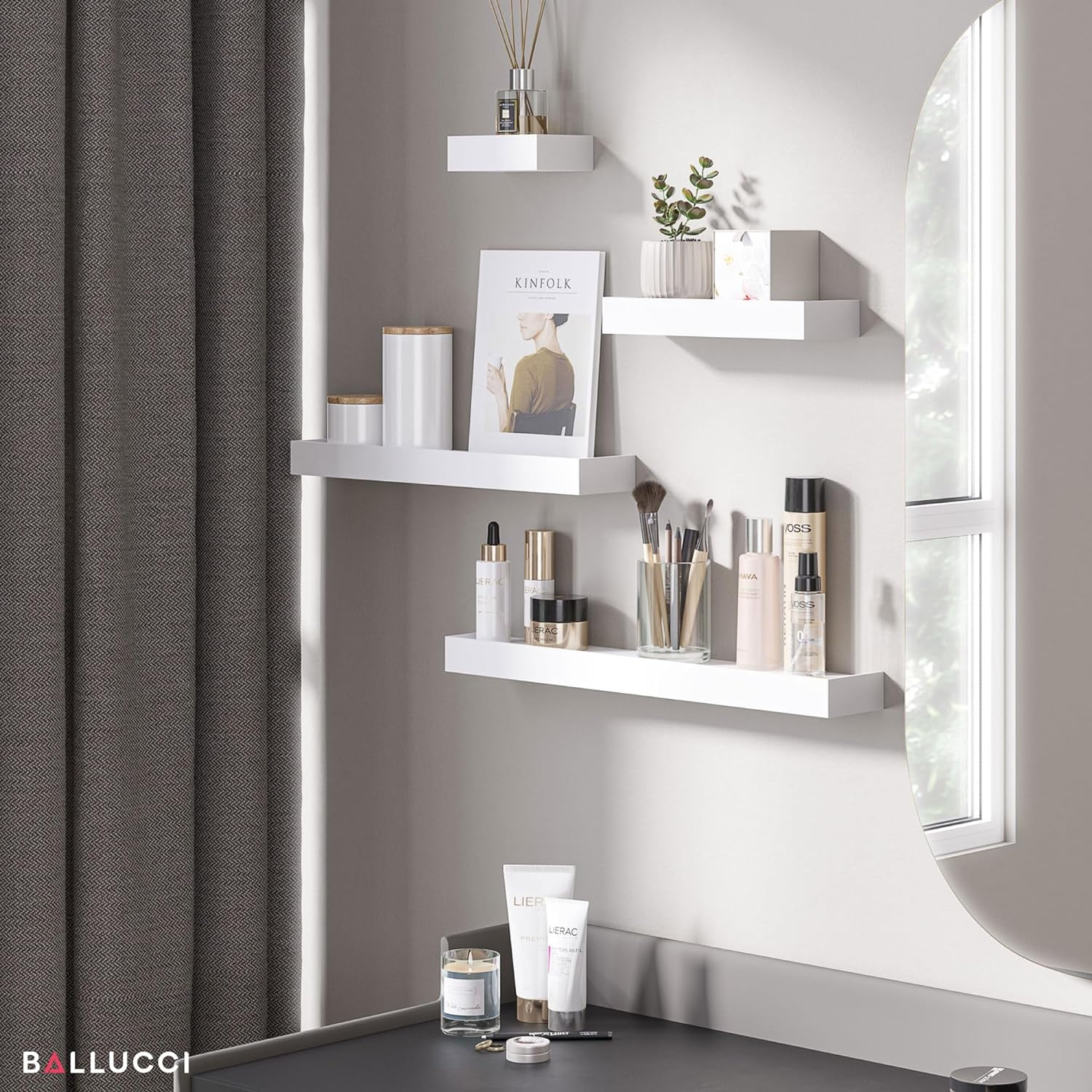 Ballucci Modern Floating Shelves, Set of 4 Wood Wall Mount Shelves, White