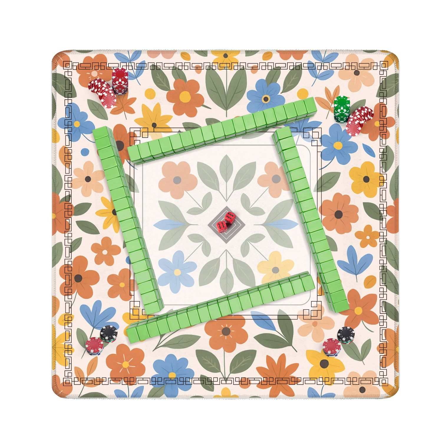 Mahjong Mat 31.5" x 31.5" Floral Orange Blue Yellow Flowers Anti-Slip and Noise Reduction Symmetry Design Mahjong Tiles Table Cover for Dominoes Poker Card Board and Tile Games