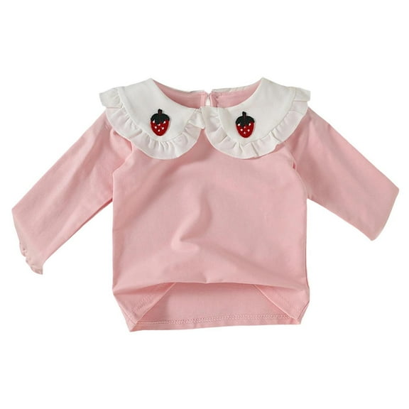 Lenpel Girls' Long Sleeve T-Shirts Toddler Baby Ruffle Babydoll Collared Cotton Tee Tops Infant Newborn Clothes(Pink,18-24 Months)