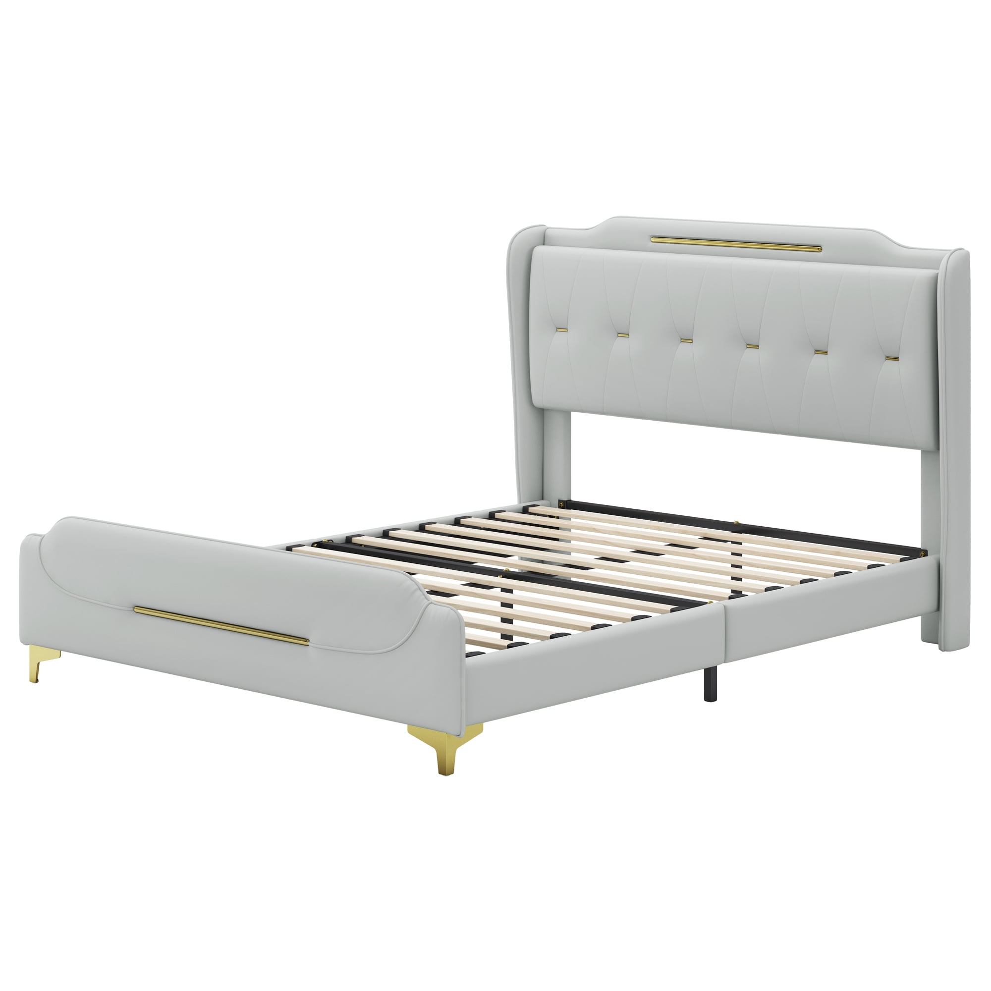 Alvantor Queen Size Upholstered Platform Bed Frame with Leather Headboard, Solid Wooden Slats Support, Gray