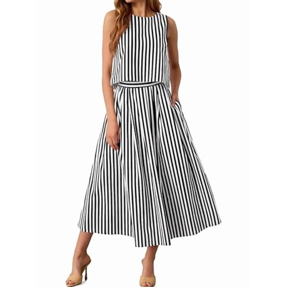 Womens 2 Piece Skirt Sets Summer Striped Sleeveless Tank Tops Midi Dress Vacation Outfits Matching Sets