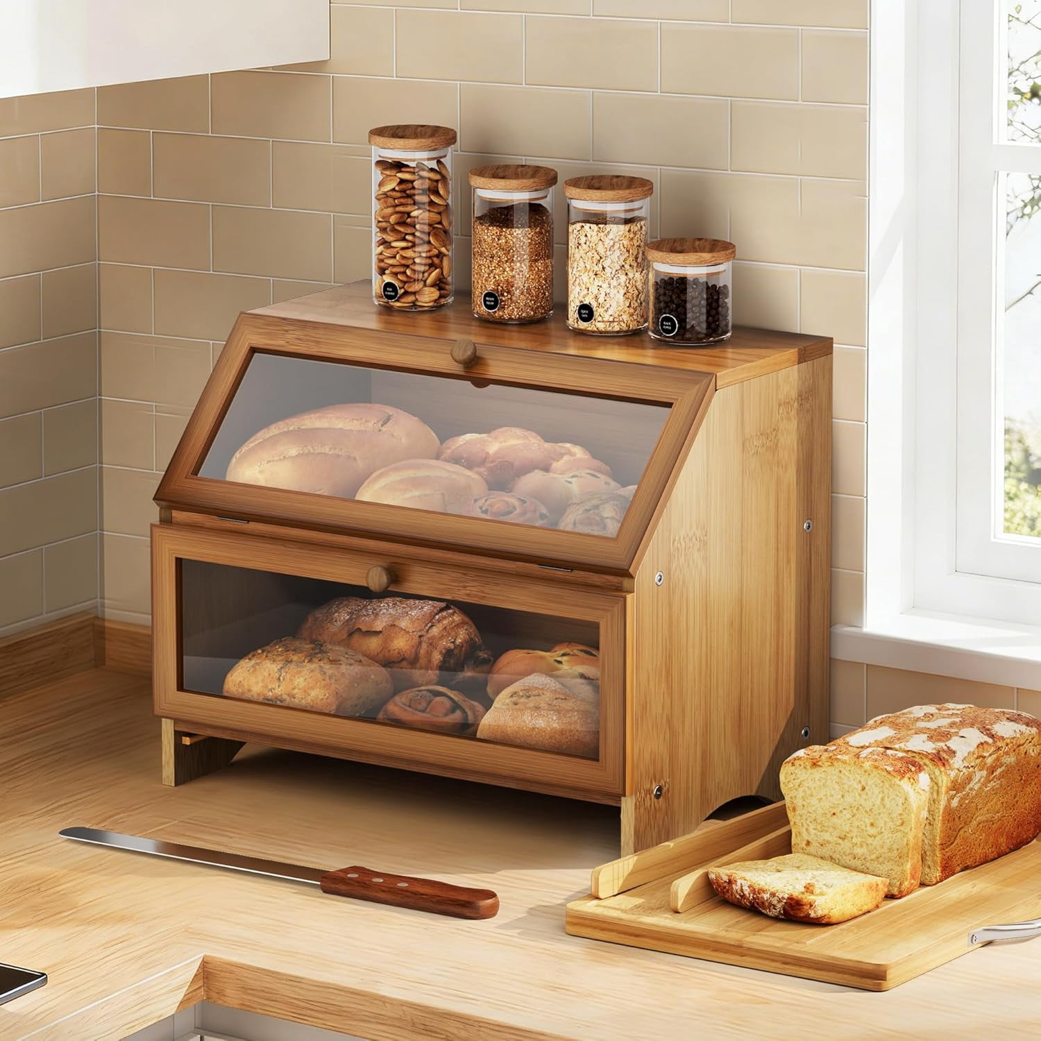 Double Layer Bamboo Bread Box for Kitchen Countertop, Large Capacity, Cutting Board, Stainless Steel Bread Knife, Double Layer Storage Container with Clear Windows, Walnut