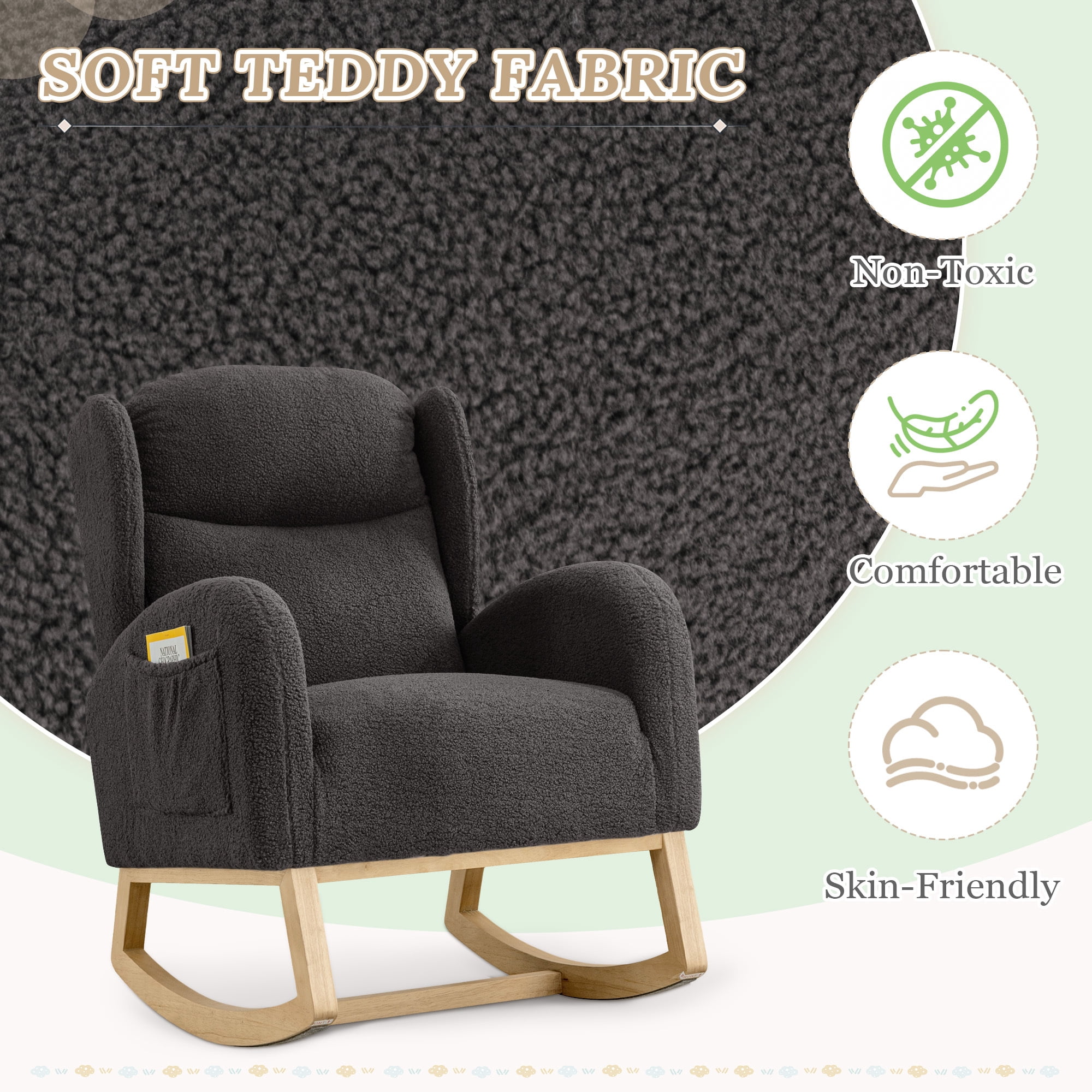 Muumblus Nursery Rocking Chair, Wingback Glider Rocker, Indoor Uphlostered Rocking Chair, Gray Teddy
