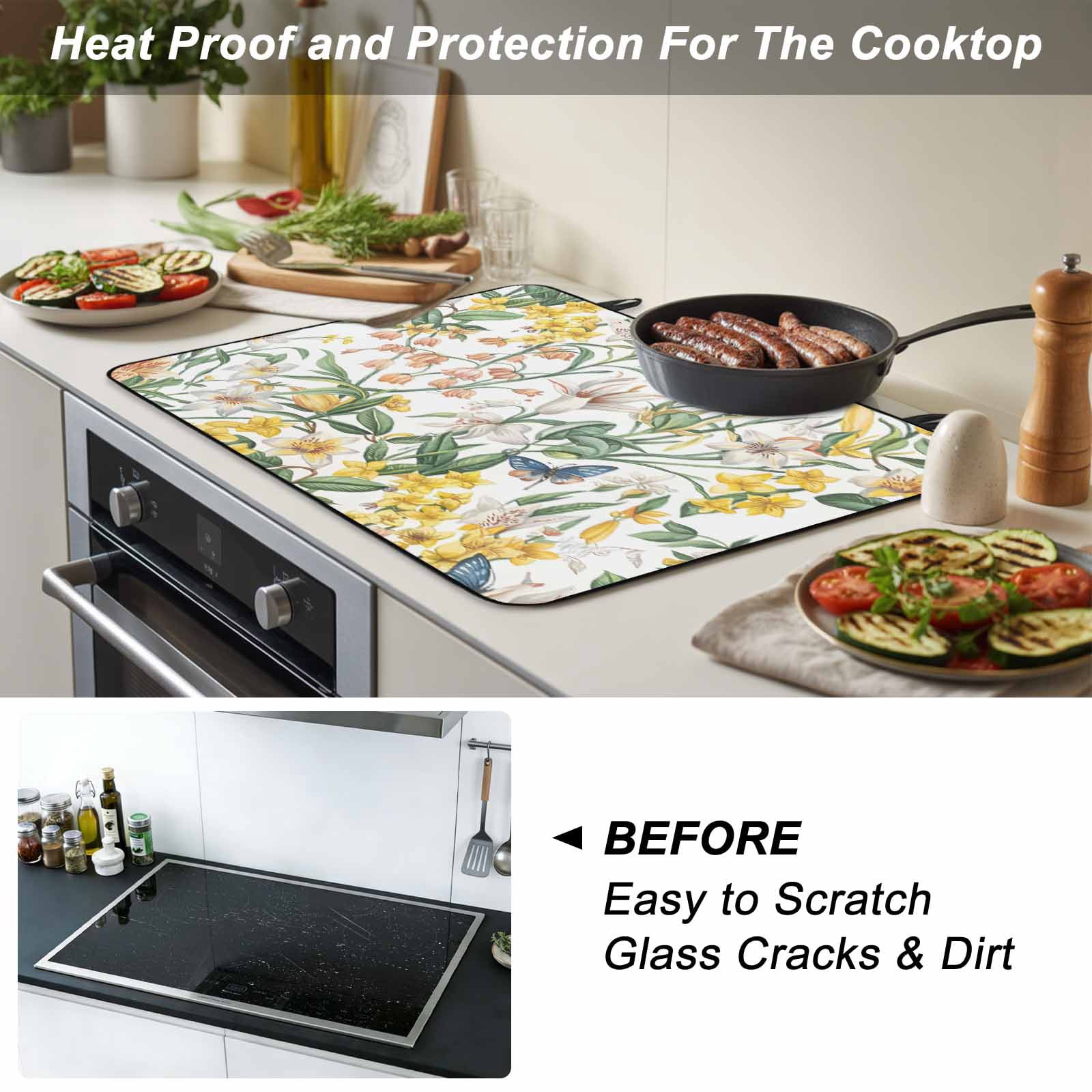 Yellow White Floral Stove Top Cover for Electric Stove, Heat-proof & Non Slip Glass Top Stove Cover Protector, Spring Farmhouse Flowers Botanical Kitchen Flat Cooktop Rubber Mat 24x21 Inches