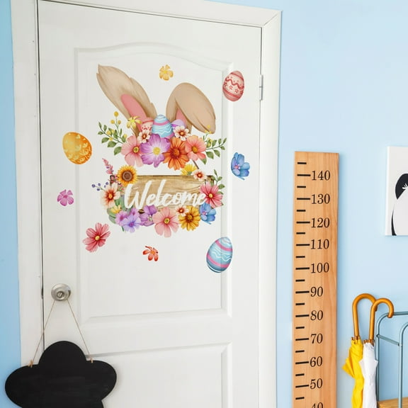 Bunny Wreath Welcome Sign Easter Window Clings, 15.7"x11.8" Easter Decor Easter Decorations Cute Bunny Eggs Window Decals Easter Eggs Flowers Window Sticker Home School Office Party Supplies