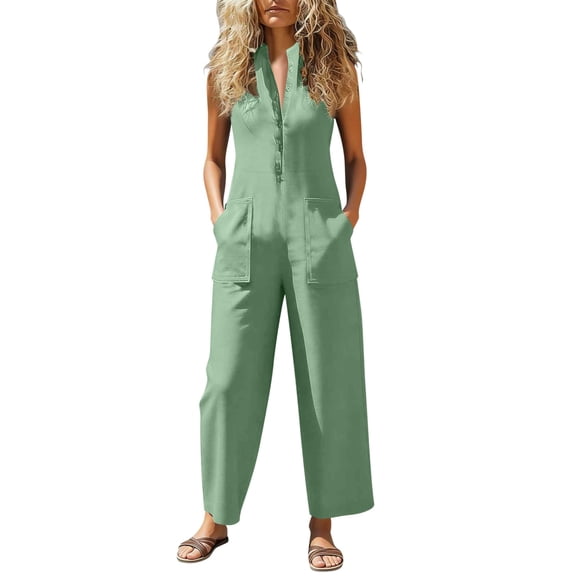 Guluxicc Linen Jumpsuits for Women Cotton Linen Sleeveless V Neck Jumpsuits Casual Summer Overalls with Pockets