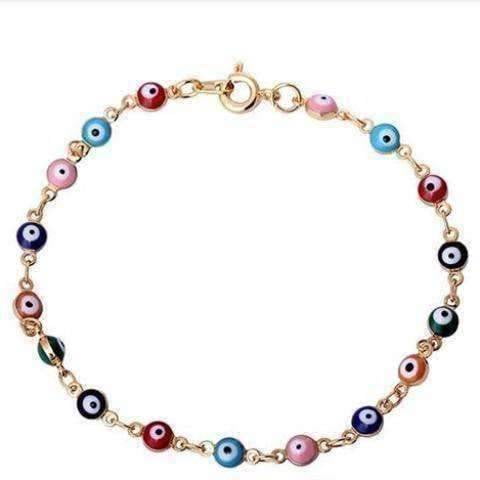Yellow Gold Plated Bead & Multi Colored Crystal Evil Eye Stretch Bracelet 